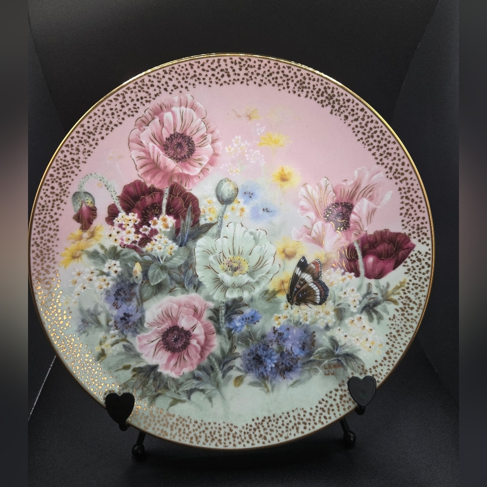 Floral Decorative Plate with Gold Accents Antique Vintage